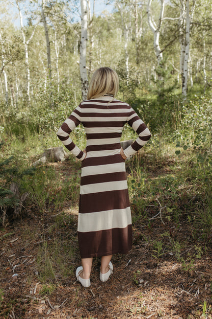 THE MIRABELLE STRIPE TURTLE NECK MAXI DRESS IN BROWN