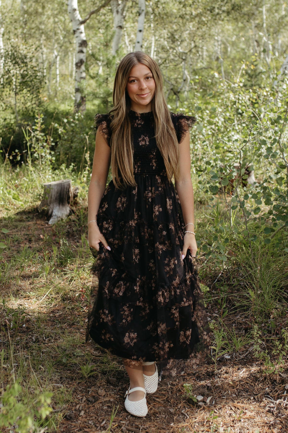 THE ADDISON FLORAL TIERED SMOCKED DRESS IN BLACK