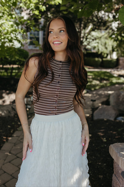 THE GUINEVERE STRIPED SLEEVELESS BUTTON TANK IN BROWN