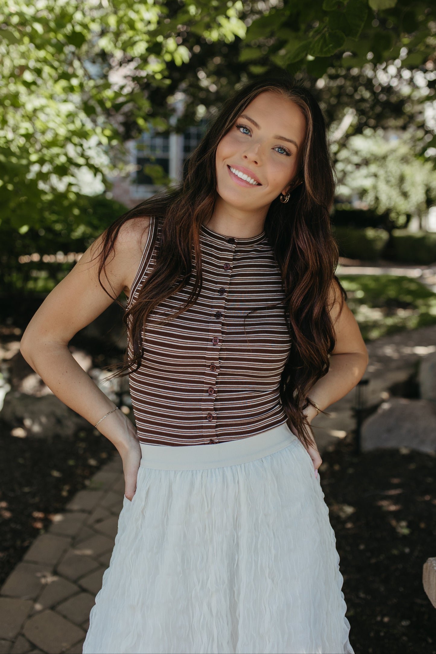 THE GUINEVERE STRIPED SLEEVELESS BUTTON TANK IN BROWN