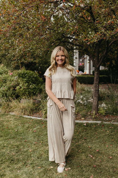 THE AZALEA RELAXED SMOCKED KNIT SET IN BEIGE