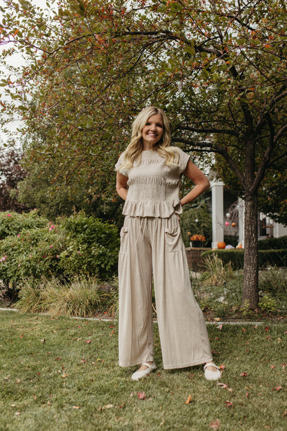 THE AZALEA RELAXED SMOCKED KNIT SET IN BEIGE