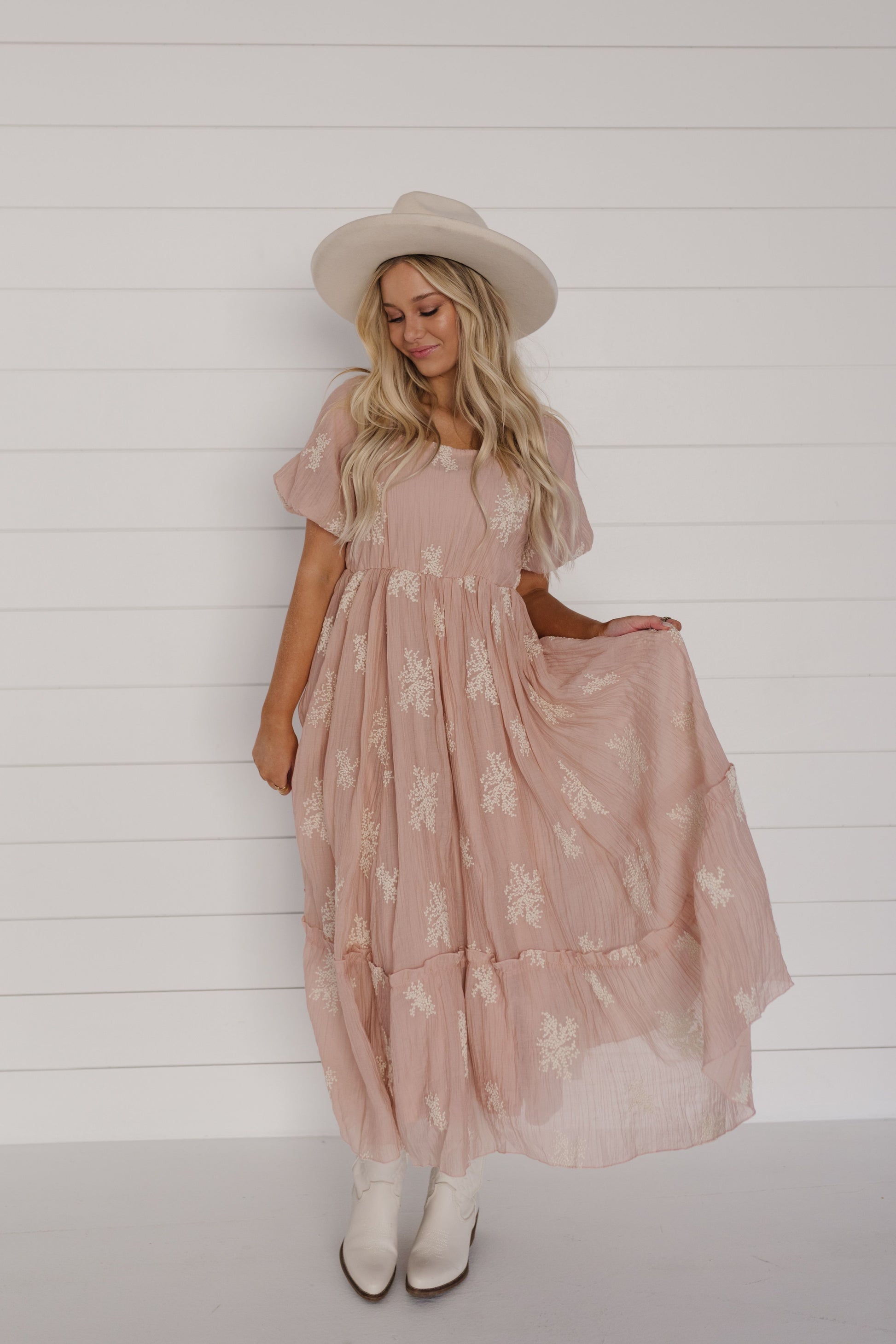 blush pink midi dress THE CAMILE PUFF SLEEVE MIDI DRESS IN BLUSH – Pink Desert