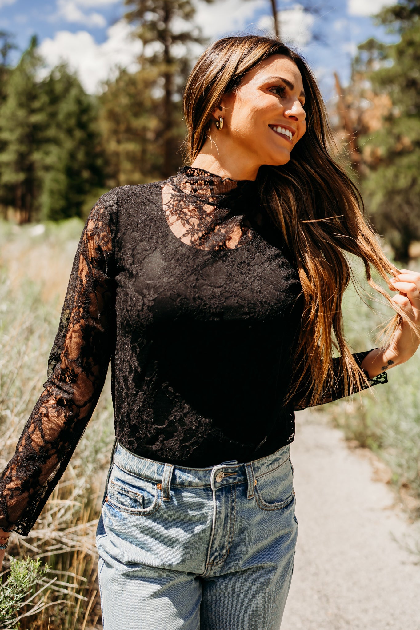 THE FLORAL LACE MOCK NECK TOP IN BLACK