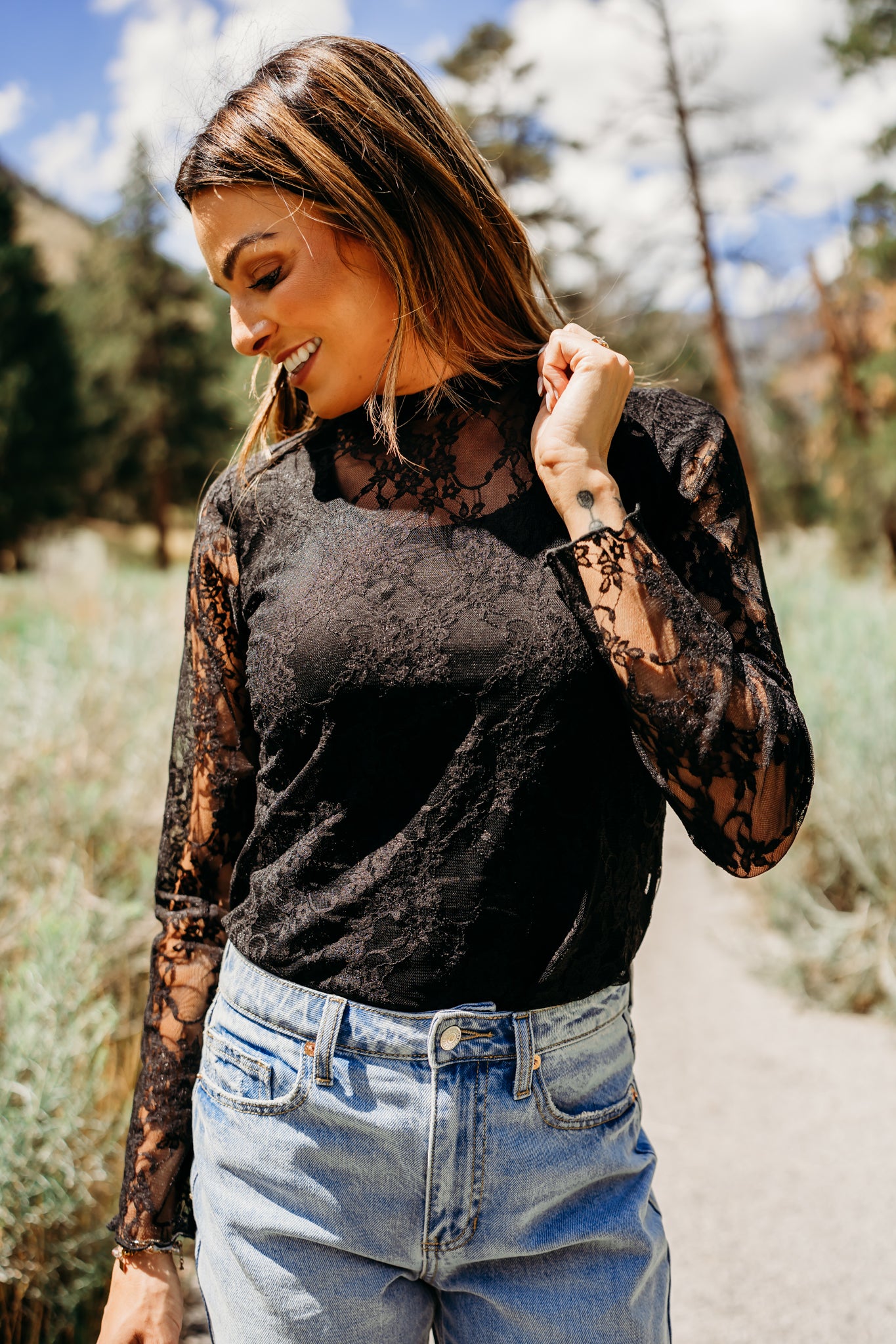 THE FLORAL LACE MOCK NECK TOP IN BLACK