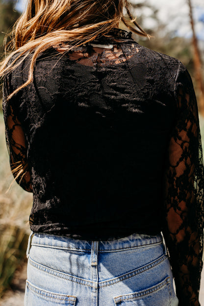 THE FLORAL LACE MOCK NECK TOP IN BLACK