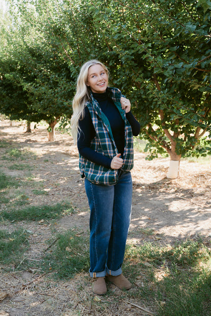 THE KATHIE QUILTED VEST IN GREEN PLAID