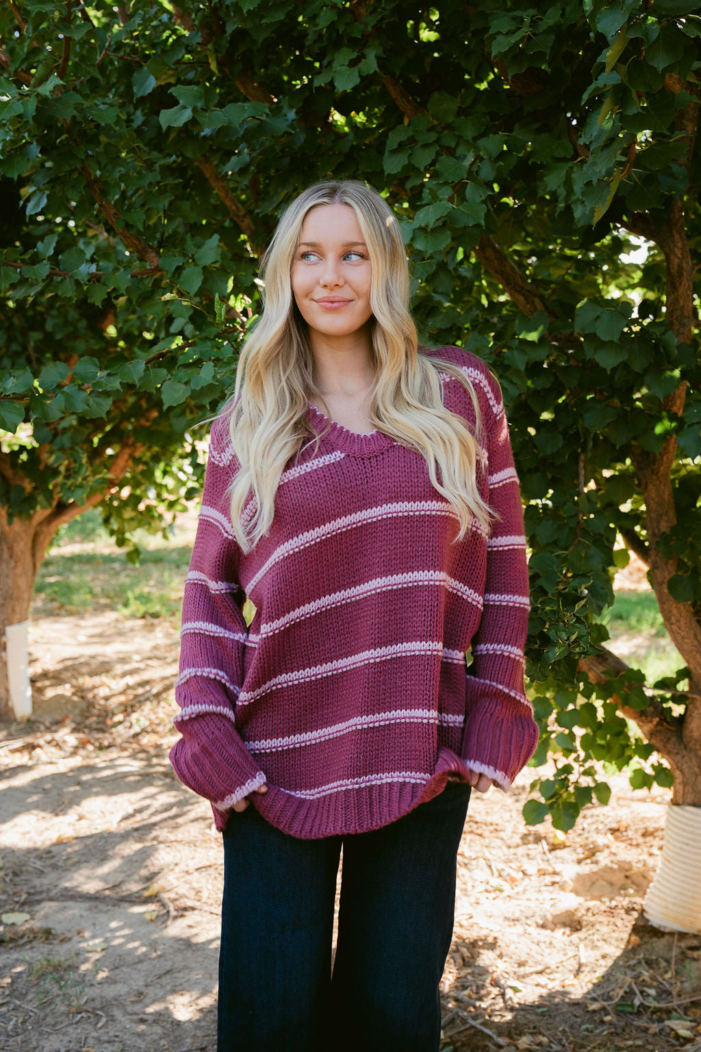 THE LEANN STRIPED SWEATER IN RASPBERRY
