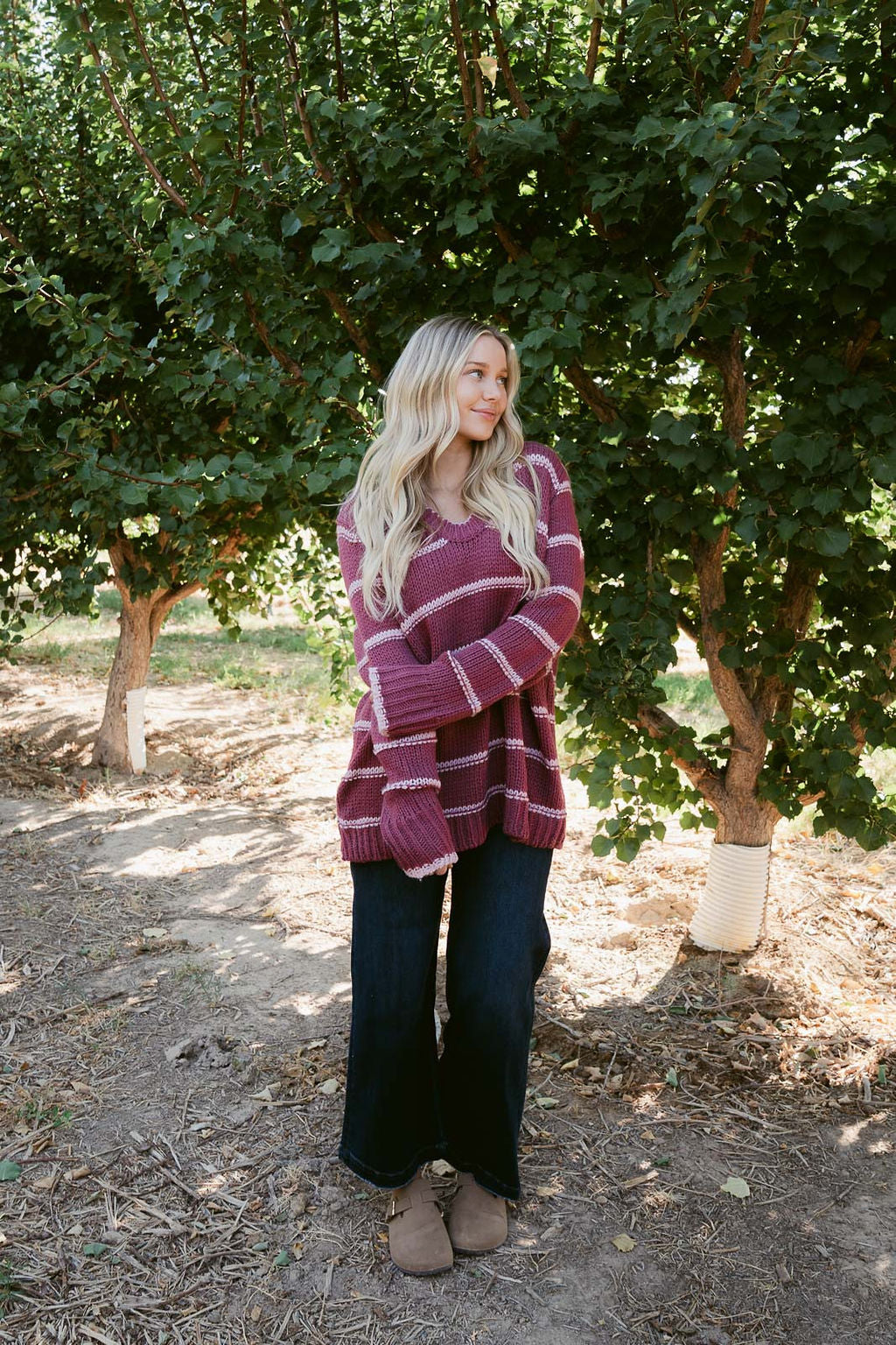 THE LEANN STRIPED SWEATER IN RASPBERRY