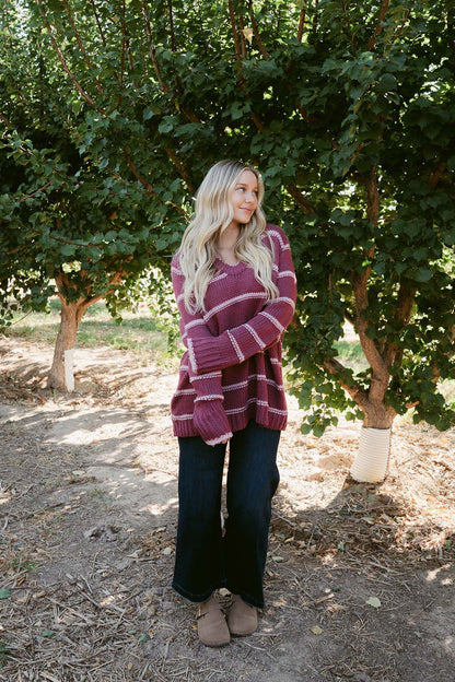 THE LEANN STRIPED SWEATER IN RASPBERRY