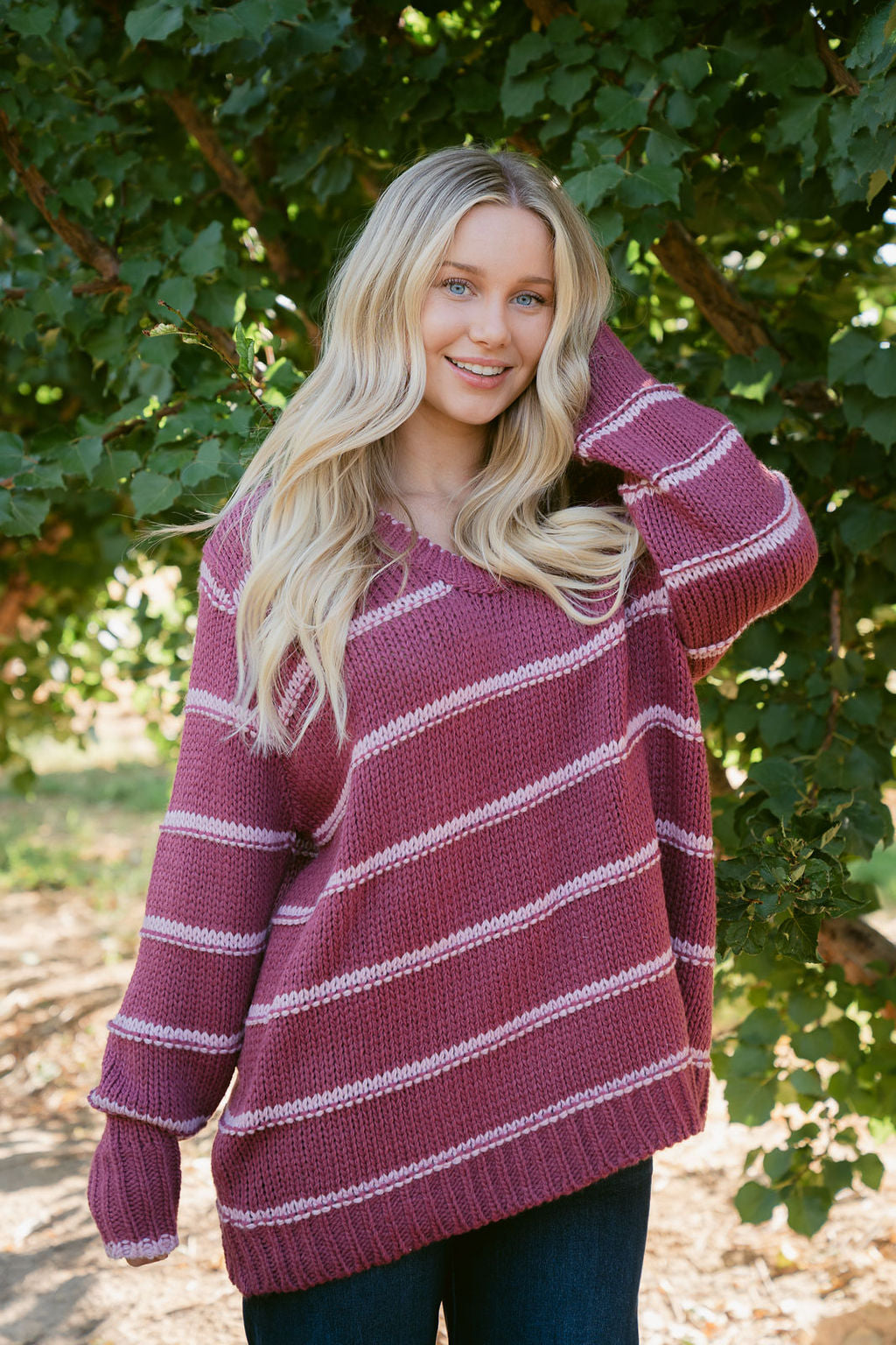 THE LEANN STRIPED SWEATER IN RASPBERRY
