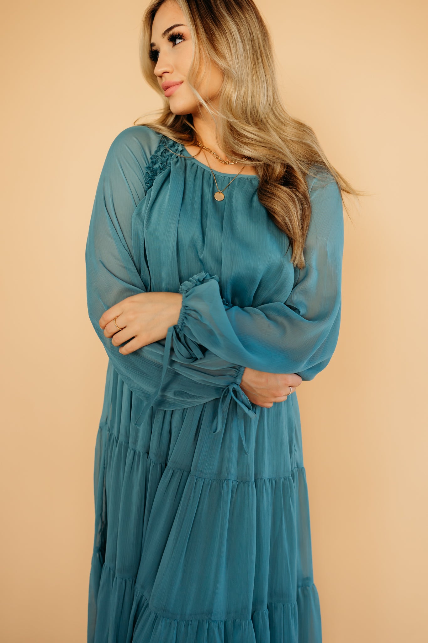 Turquoise ruffle dress for fall | PINK DESERT