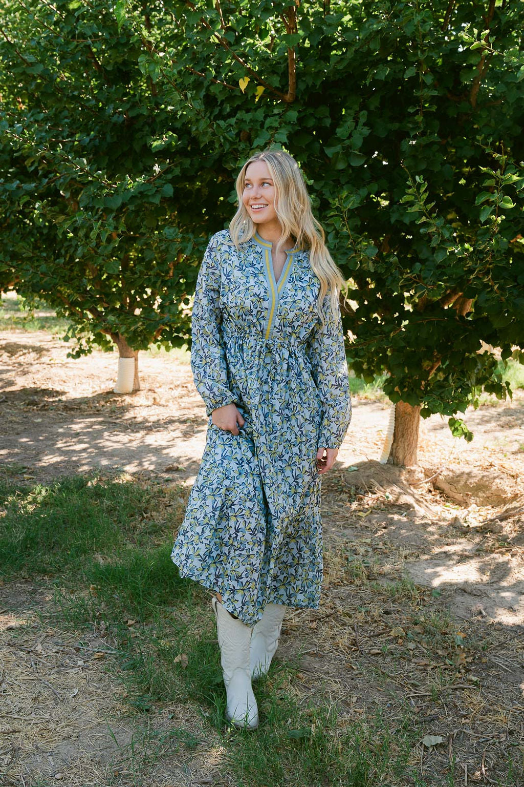 THE PAULA TIERED FLORAL DRESS IN BLUE