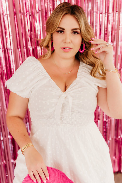 THE BETSY TIE FRONT EMBROIDERED DRESS IN WHITE BY PINK DESERT