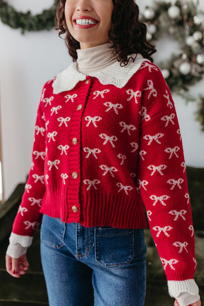 THE CLARRIE CROCHET KNIT CARDIGAN IN RED