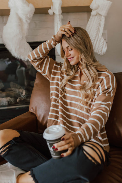 THE STACIE STRIPED POLO SWEATER IN LATTE