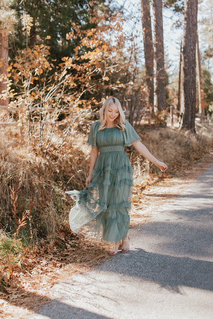 THE ALISON TULLE DRESS IN PINE