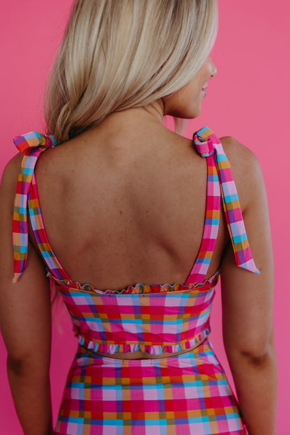 RUFFLE TIE STRAP MIDKINI SWIM TOP IN PALM SPRINGS PLAID BY PINK DESERT
