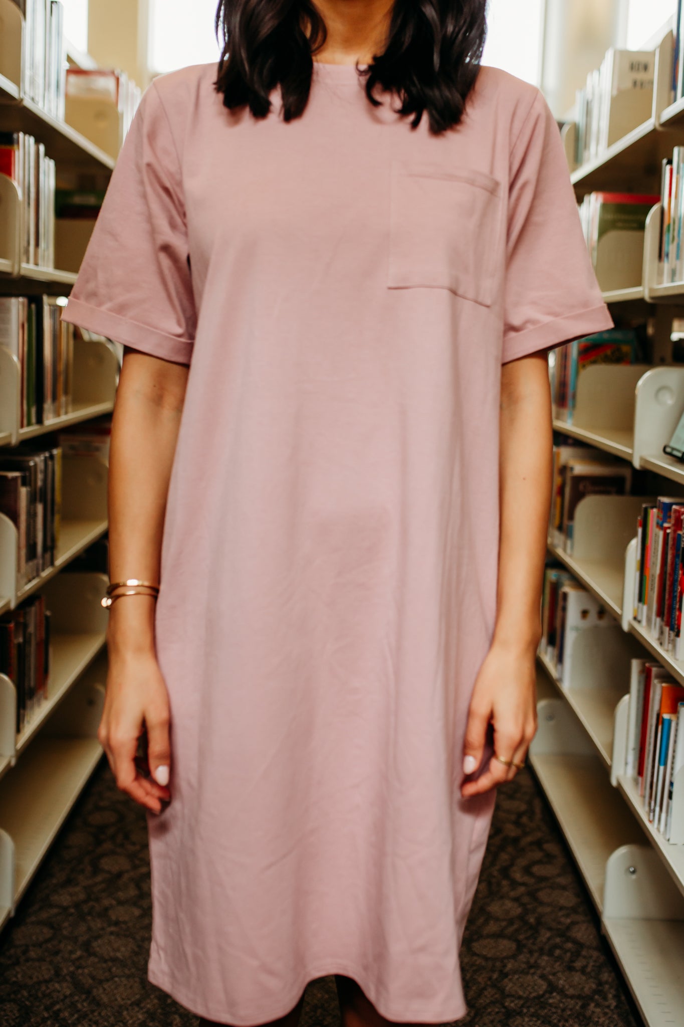 THE EASY DOES IT POCKET T-SHIRT DRESS BY PINK DESERT IN DUSTY MAUVE