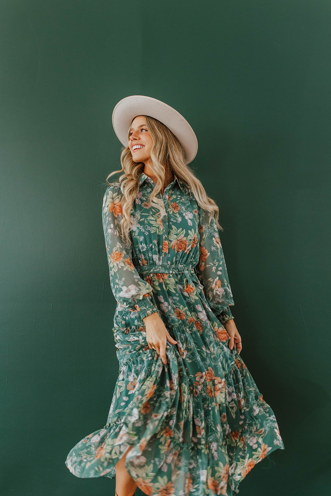 THE FALL HARVEST MIDI DRESS IN GREEN FLORAL