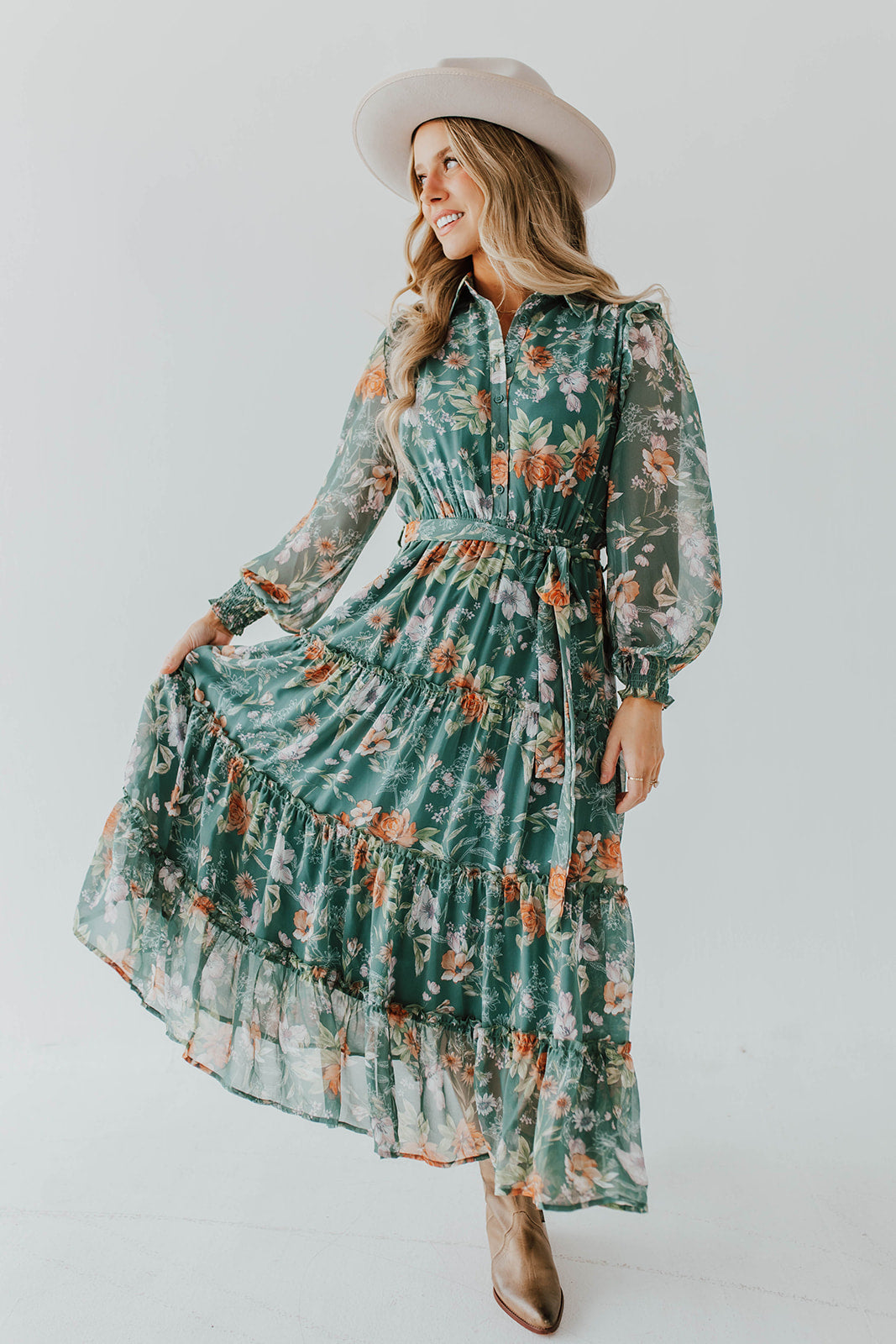 THE FALL HARVEST MIDI DRESS IN GREEN FLORAL