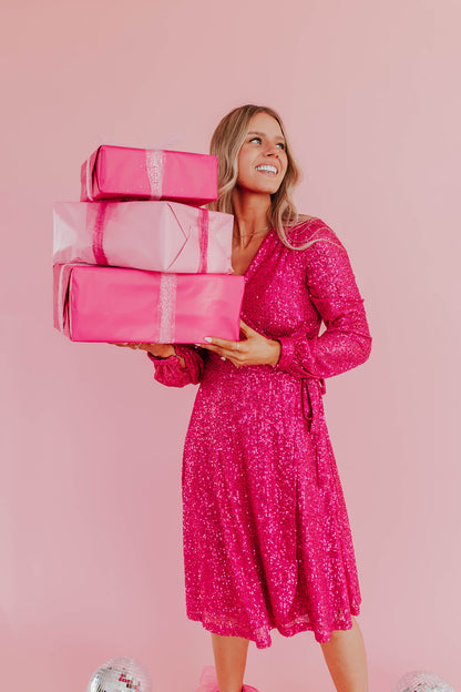 THE SPARKLY SEQUIN WRAP DRESS IN HOT PINK BY SARAH TRIPP X PINK DESERT