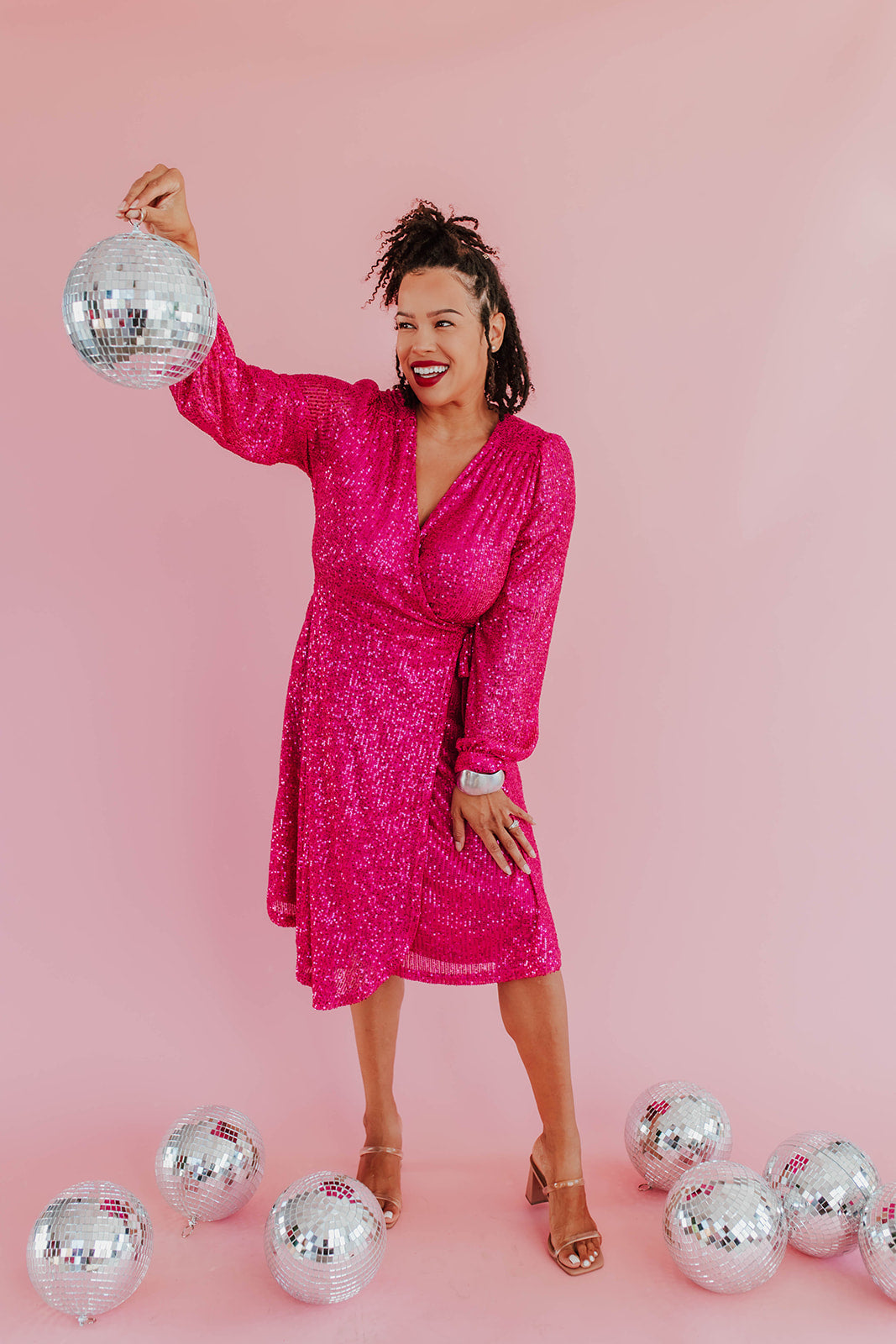 THE SPARKLY SEQUIN WRAP DRESS IN HOT PINK BY SARAH TRIPP X PINK DESERT