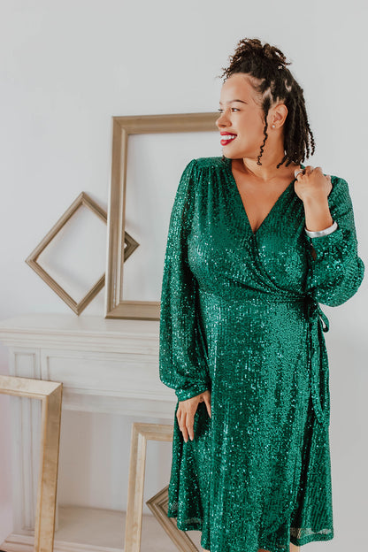 THE SPARKLY SEQUIN WRAP DRESS IN HUNTER GREEN BY SARAH TRIPP X PINK DESERT