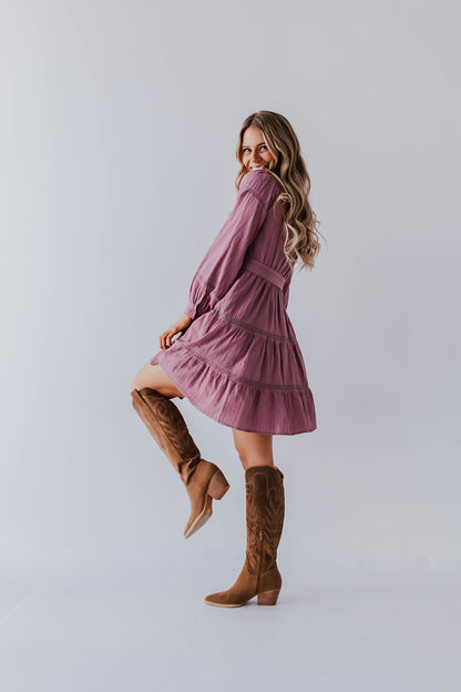 THE LACEY LONG SLEEVE MINI DRESS IN MAUVE