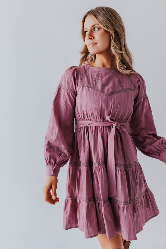 THE LACEY LONG SLEEVE MINI DRESS IN MAUVE