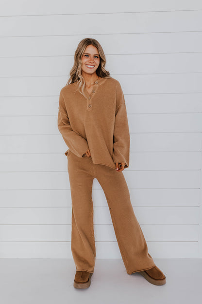 THE HANNA HENLEY SWEATER SET IN COFFEE