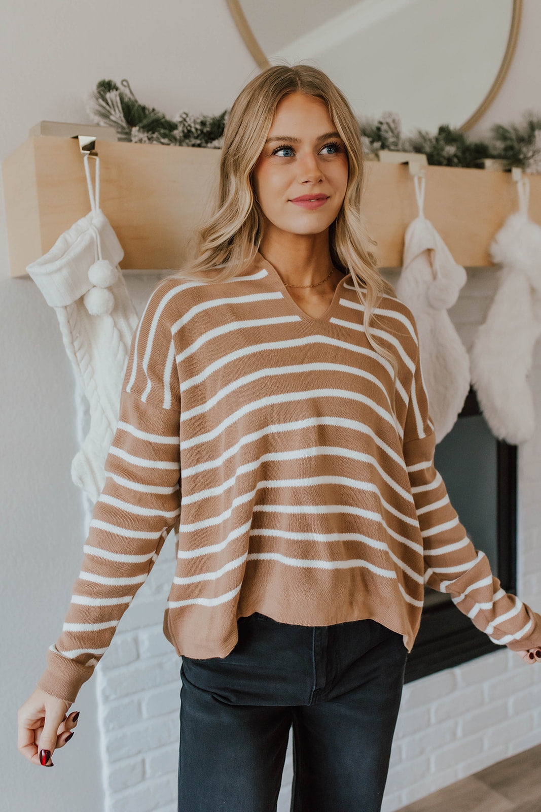 THE STACIE STRIPED POLO SWEATER IN LATTE