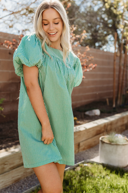 THE DAISY BABYDOLL GINGHAM DRESS IN GREEN