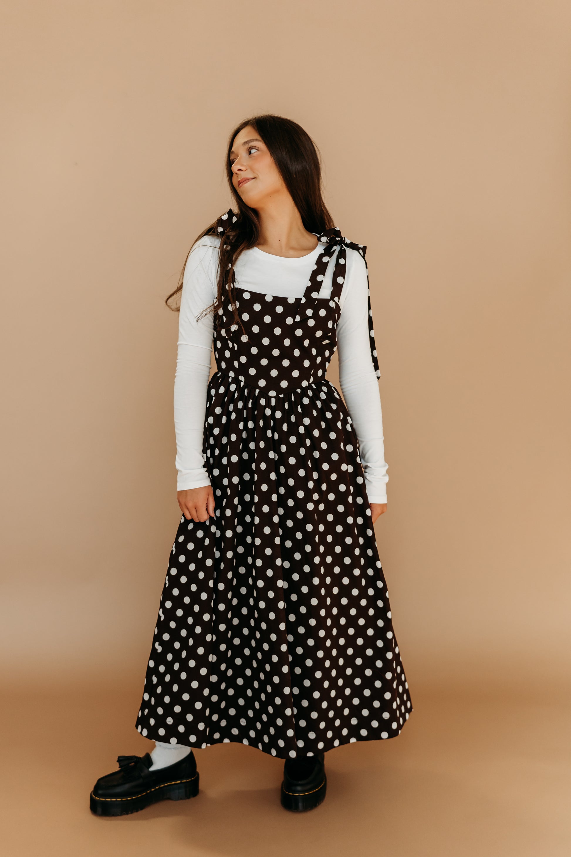 women's brown and white polka dot dress Second Glance Olga Criss-Cross Back Midi Dress Polka Dot Brown