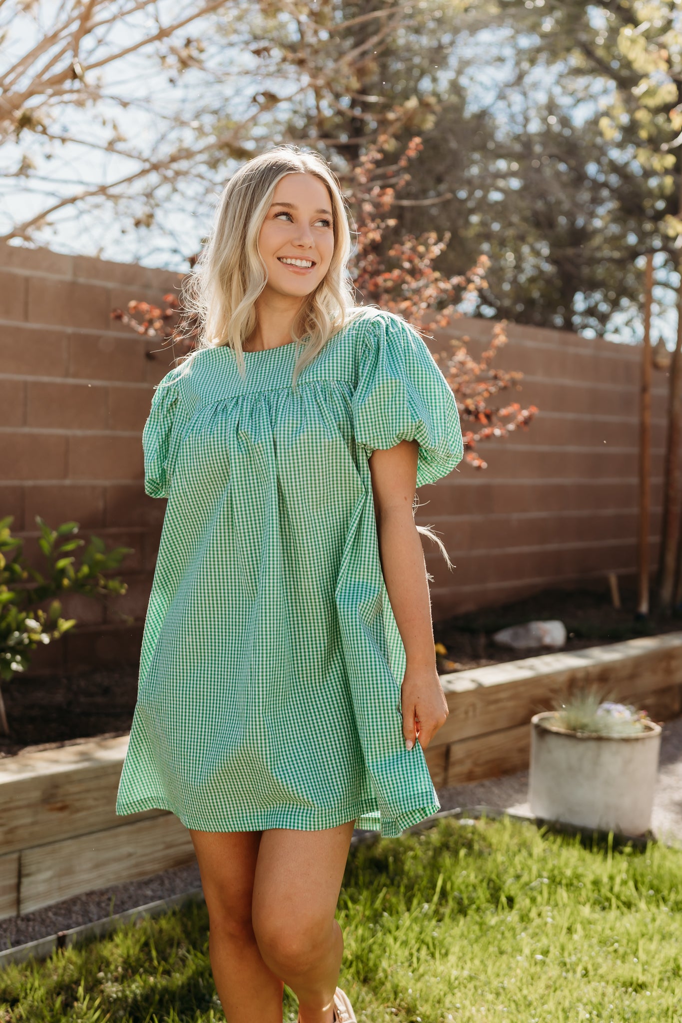 green gingham puff sleeve dress Green Gingham Puff Sleeve Starlight Midi Dress