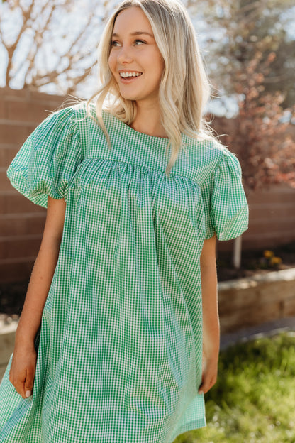 THE DAISY BABYDOLL GINGHAM DRESS IN GREEN