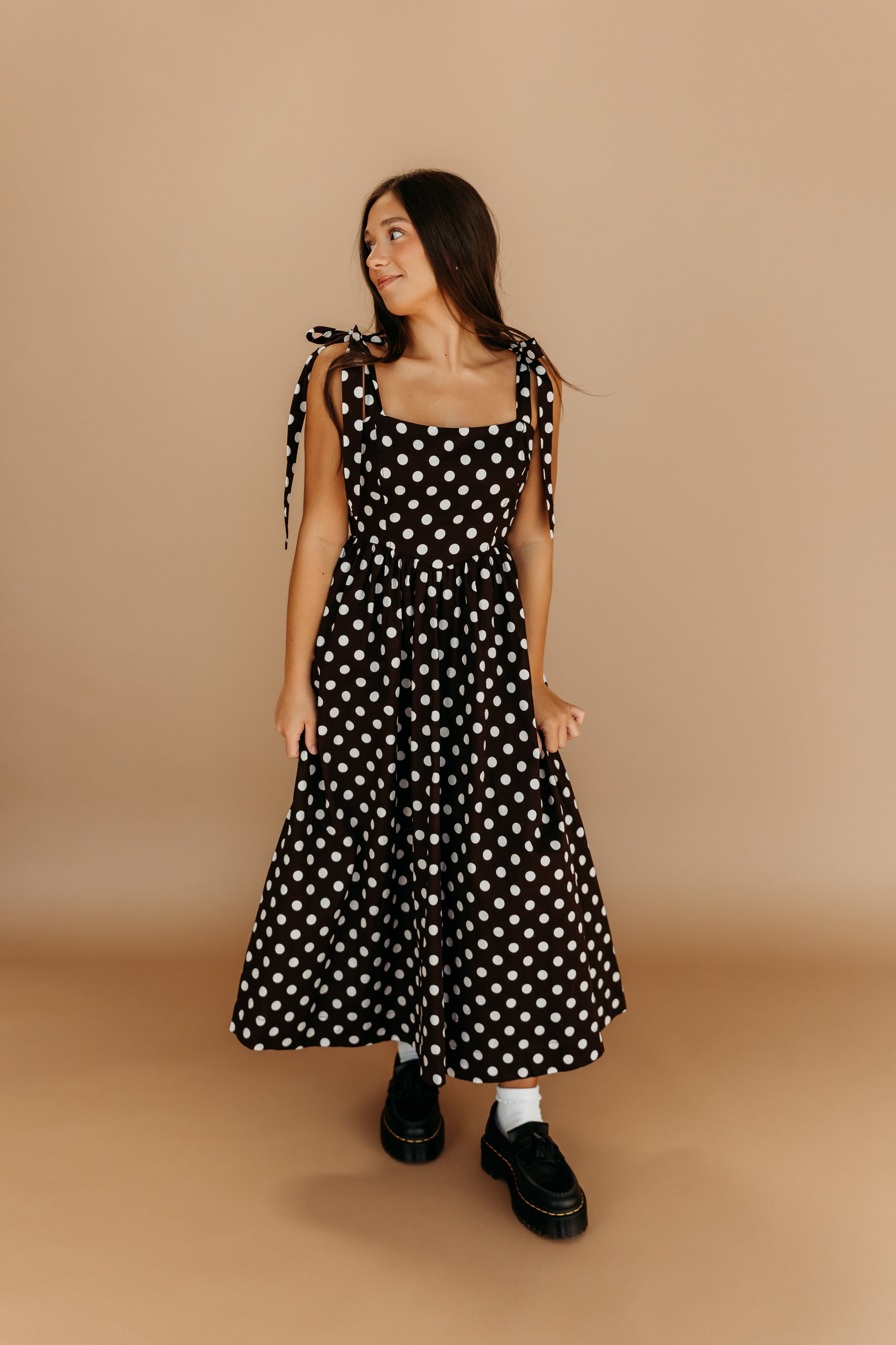THE JENNA POLKA DOT DRESS IN BROWN Pink Desert THE JENNA POLKA DOT DRESS IN BROWN Pink Desert