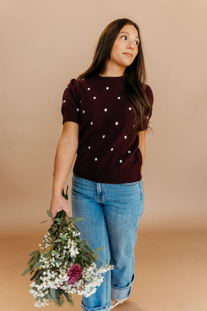 THE PEYTON POLKA DOT SWEATER IN PLUM
