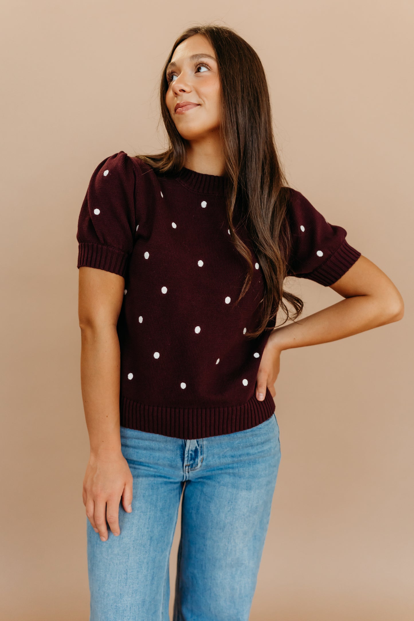 THE PEYTON POLKA DOT SWEATER IN PLUM