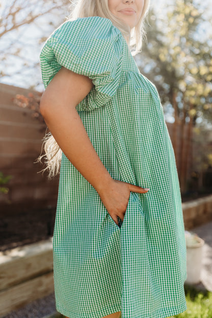 THE DAISY BABYDOLL GINGHAM DRESS IN GREEN