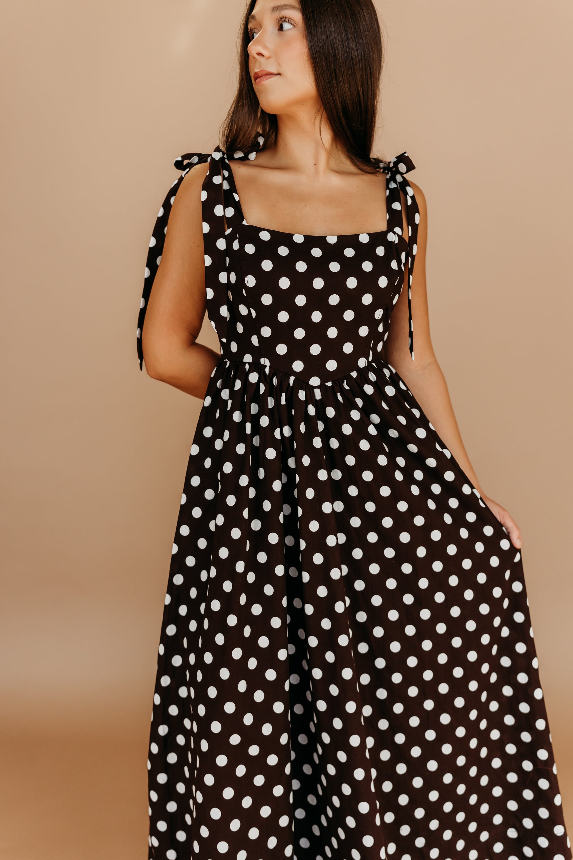 black and brown polka dot dress Show Me Your Mumu Dalia Maxi Dress in Brown