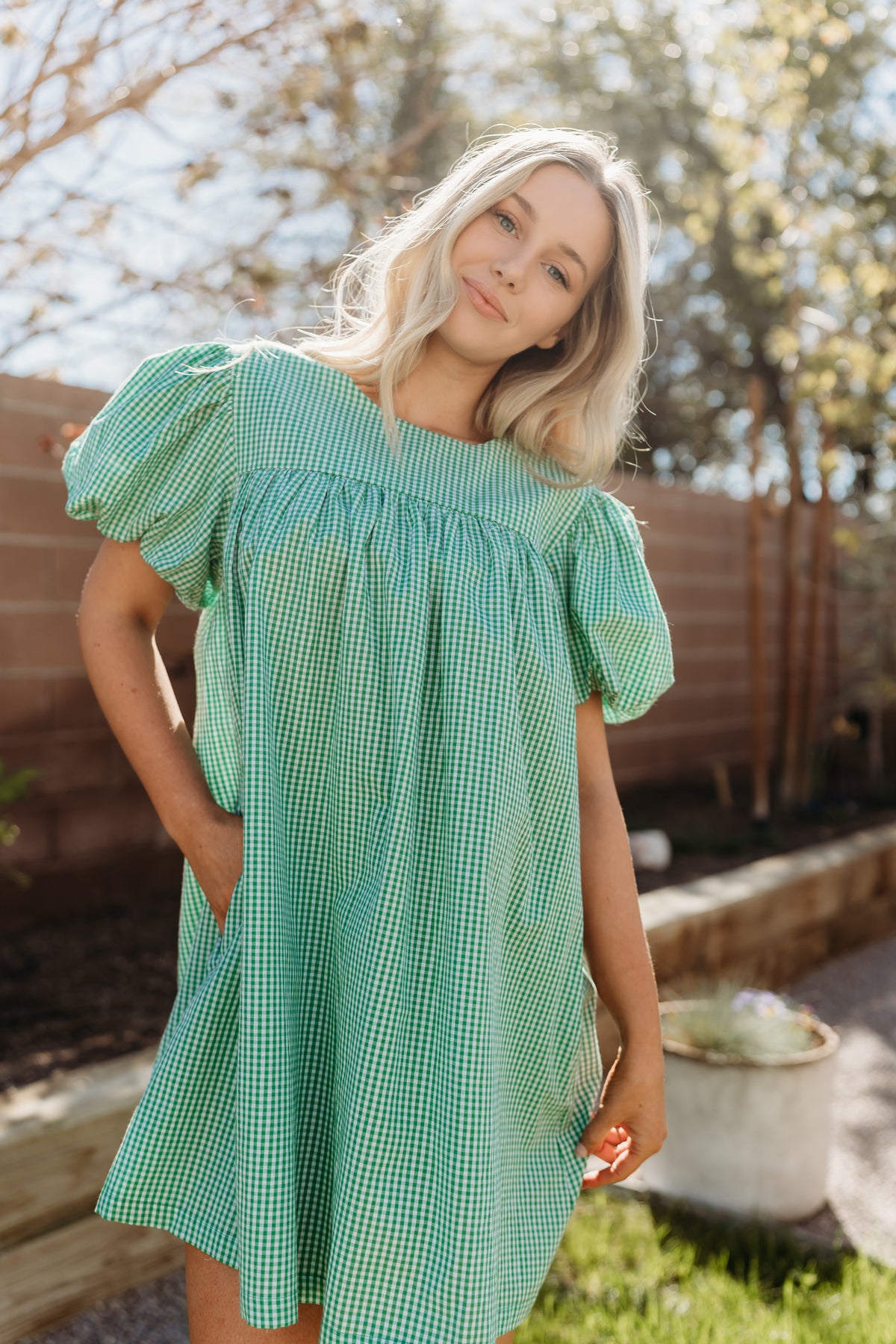 fresh green dress THE DAISY BABYDOLL GINGHAM IN Medium Length (Shoulder to Feet):50 Inches Hand wash cold Model Serena Green Strapless Floral Cotton