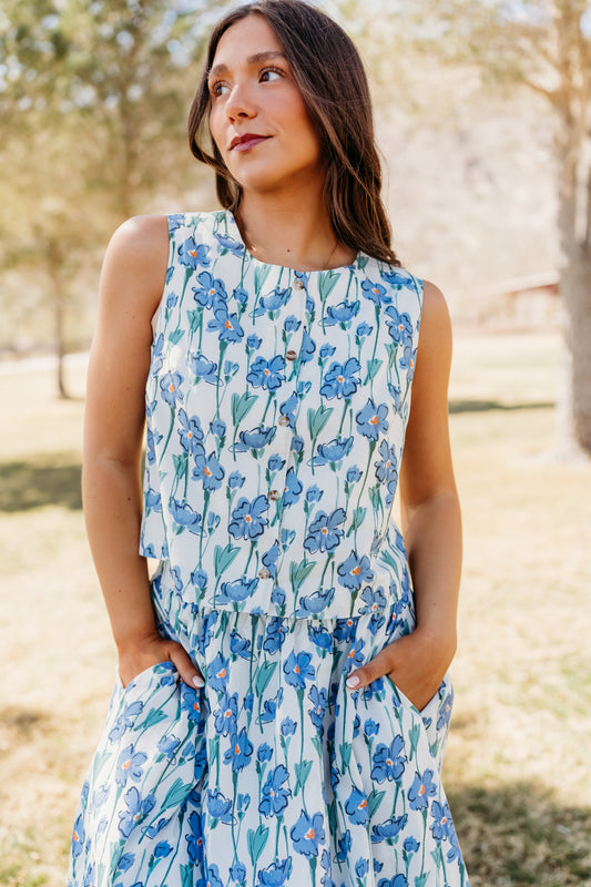 THE JANSYN FLORAL TANK IN BLUE