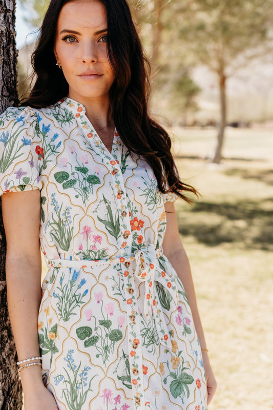 THE IRIS FLORAL MIDI DRESS IN WHITE