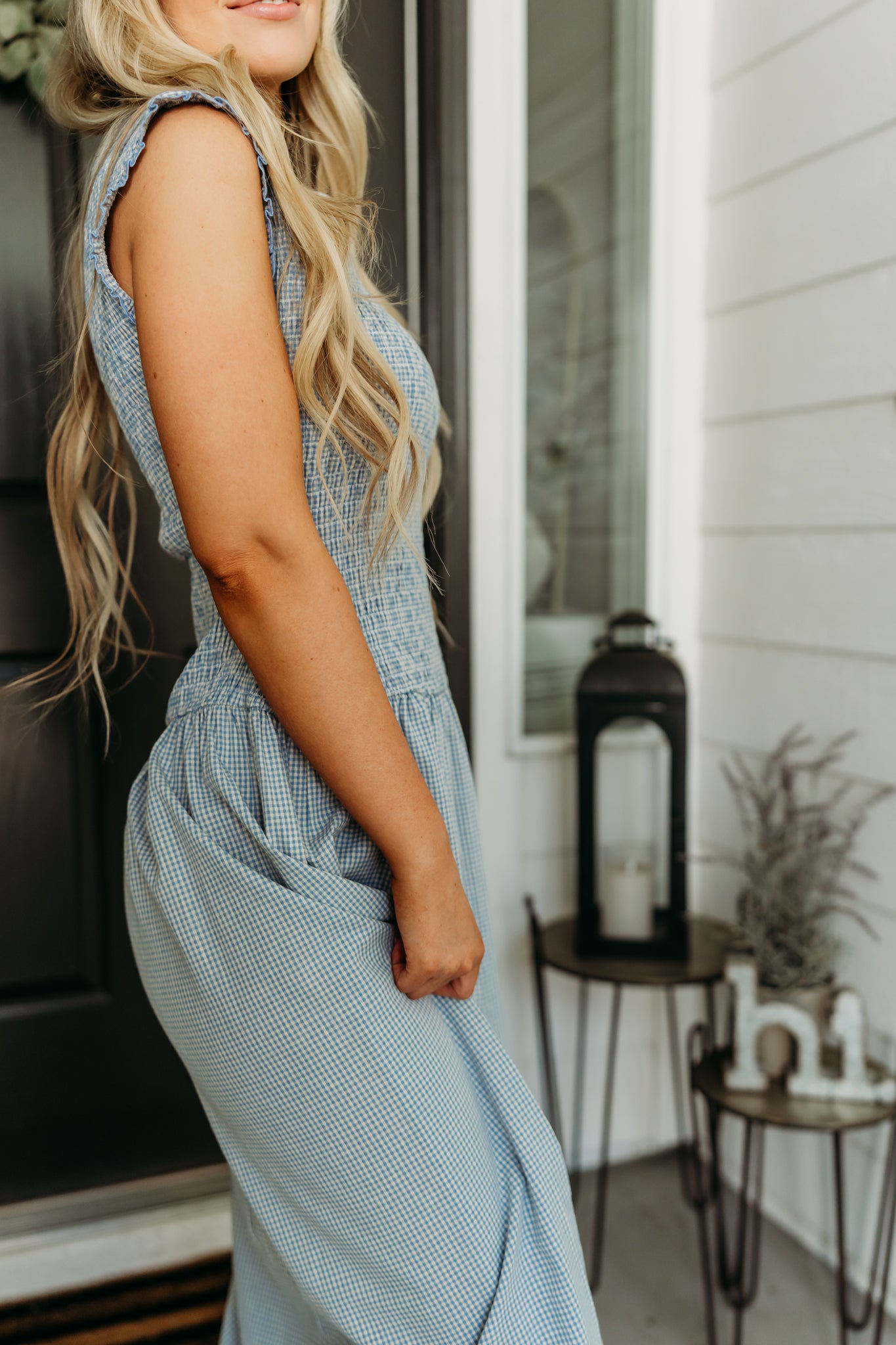 THE BLAIRE SMOCKED GINGHAM MIDI DRESS IN LIGHT BLUE