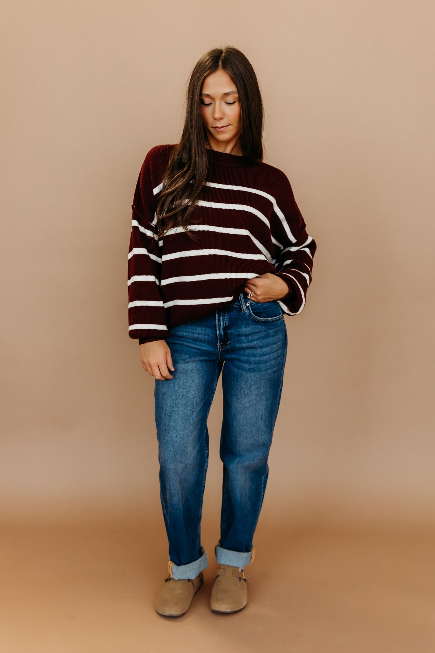 THE CLARKE STRIPED SWEATER IN BURGUNDY