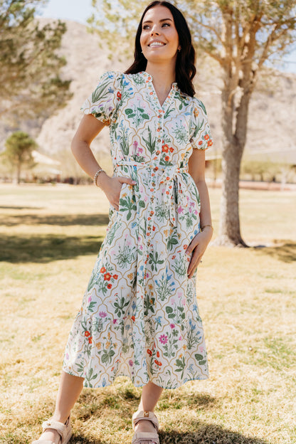 THE IRIS FLORAL MIDI DRESS IN WHITE