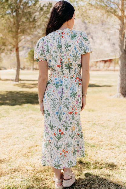 THE IRIS FLORAL MIDI DRESS IN WHITE