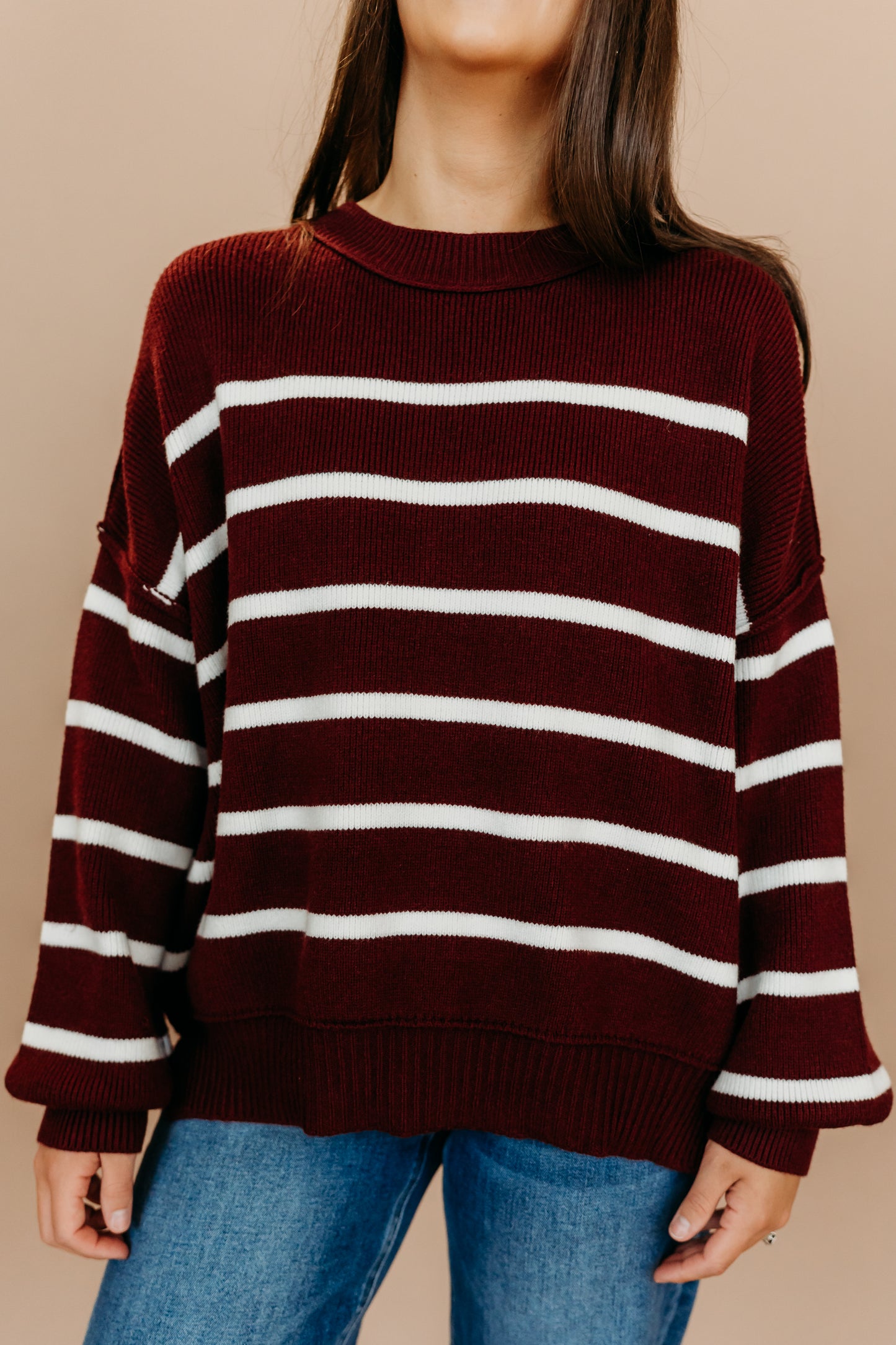 THE CLARKE STRIPED SWEATER IN BURGUNDY