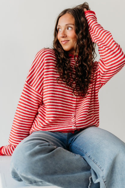 THE CAMPBELL CARDIGAN IN RED STRIPE